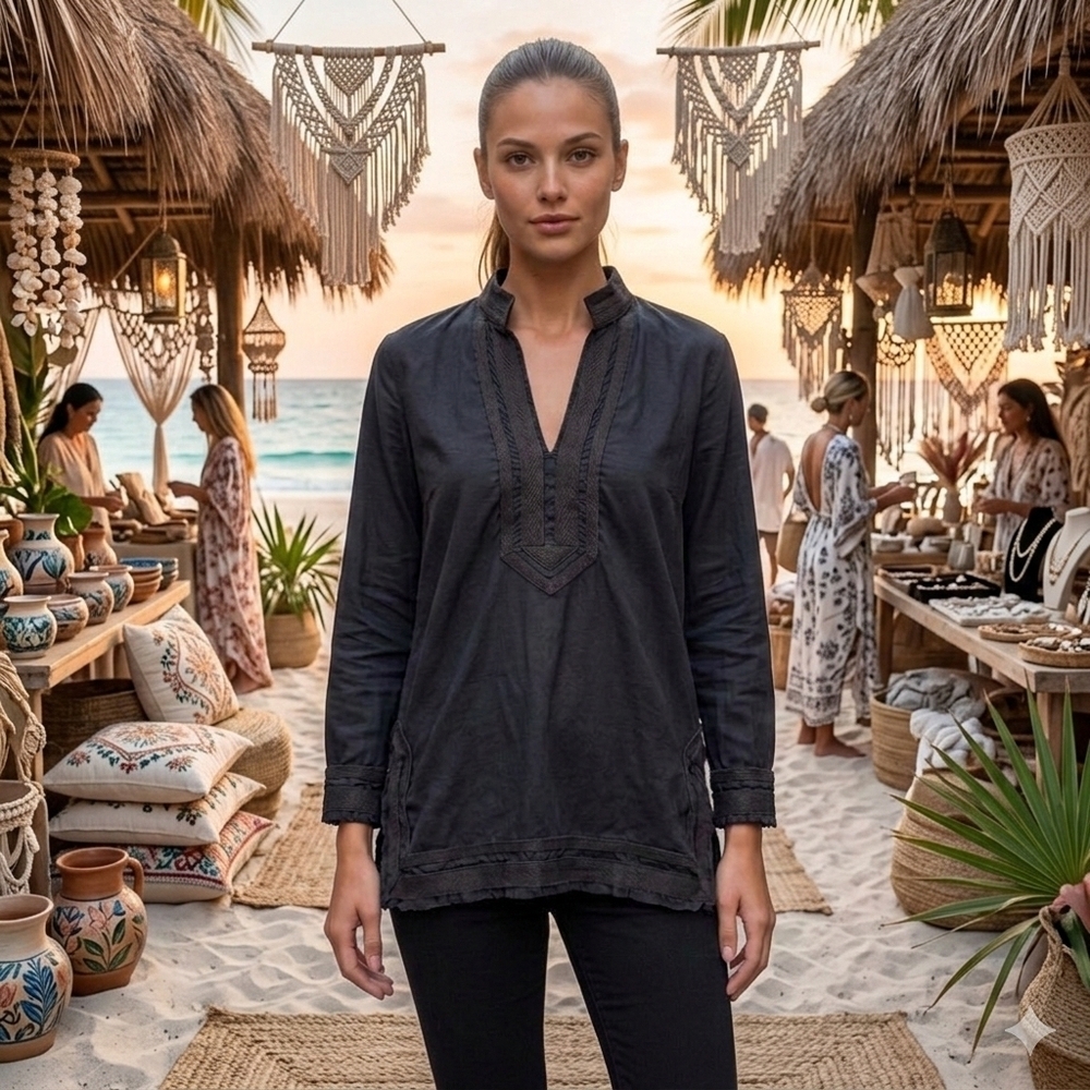 Michael Kors Women's Boho Beach Resortwear Black Tunic V-Neck Top Size Medium